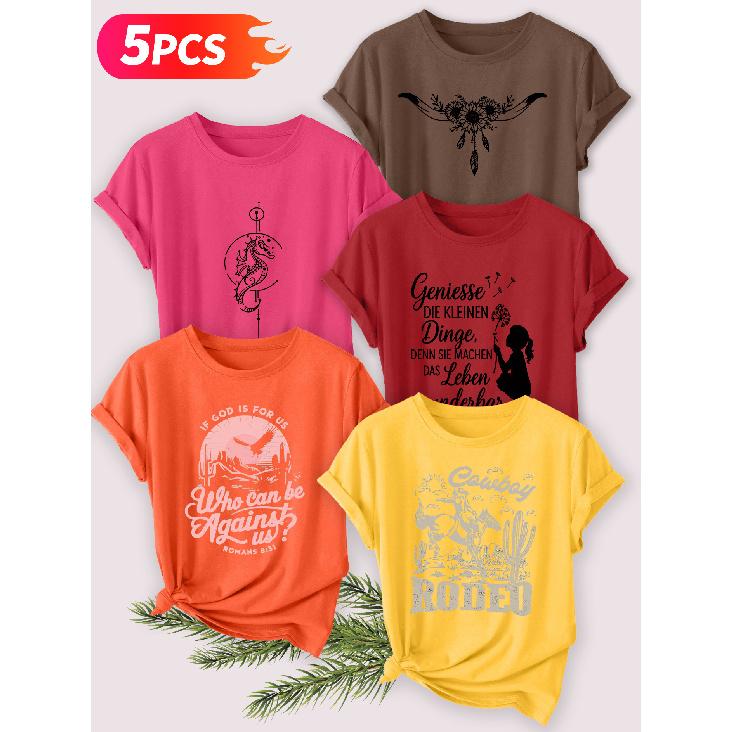 Five-piece set Elegant short-sleeved shirt for women Western Line Series Printed Round Neck Women's Short Sleeve Shirt Suitable for Spring and Summer