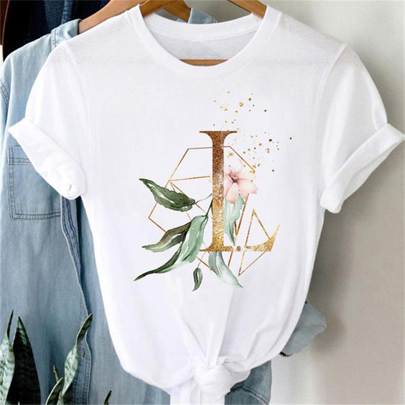 Custom Name Letter Combination Women T Shirt Floral Gold Letter Font A B C D Print Short Sleeve Tee Tops Female T-shirt Clothes