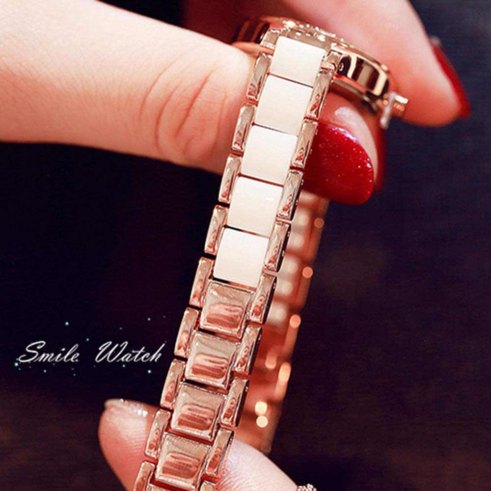 KIMIO K6121 Женские простые часы с белым керамическим и розово-золотым браслетом и бриллиантовым циферблатом