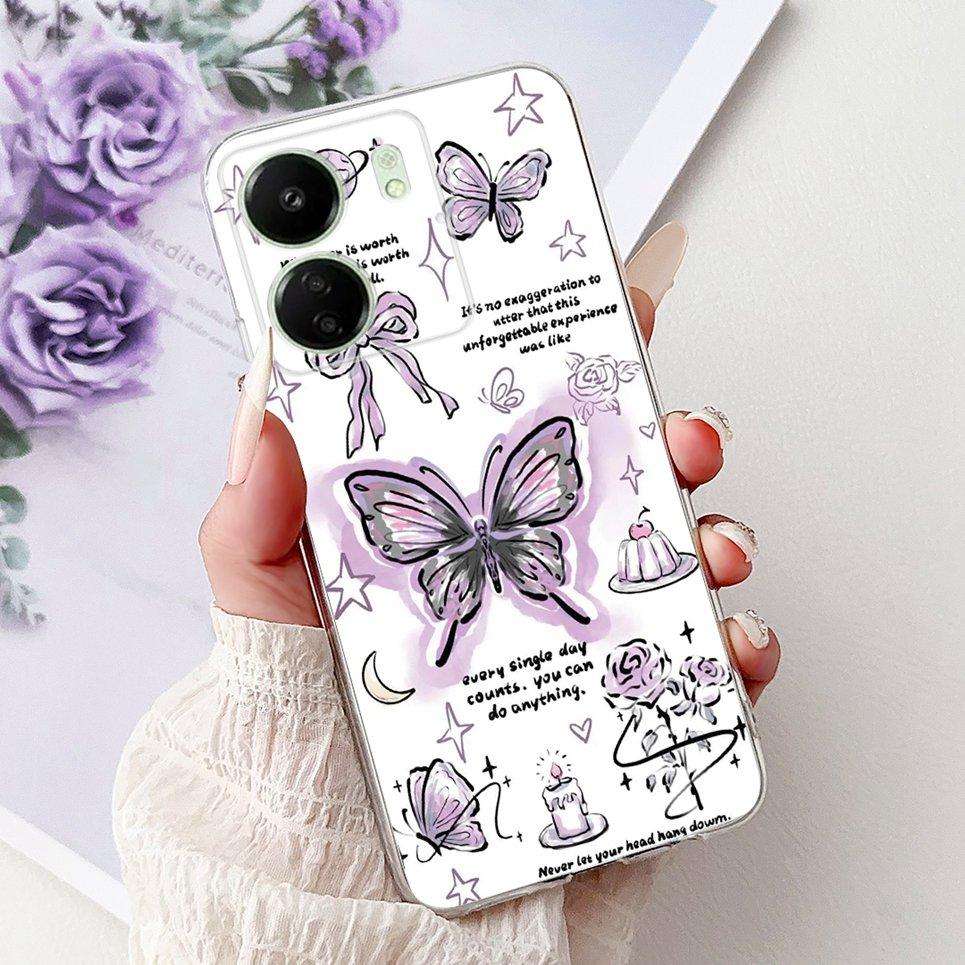 For Xiaomi Redmi 13C 5G 4G  Back Bumper Redmi 13 4G Colorful Butterfly Flower Painting Phone Case Transparent Soft TPU Silicone