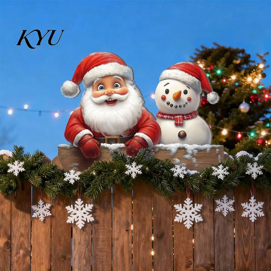 Winter Festive Garden Decor 2D Wooden Christmas Welcome Sign, Santa Reindeer Penguin Yard Ornament, Weather Resistant Decorations Cartoon Fence