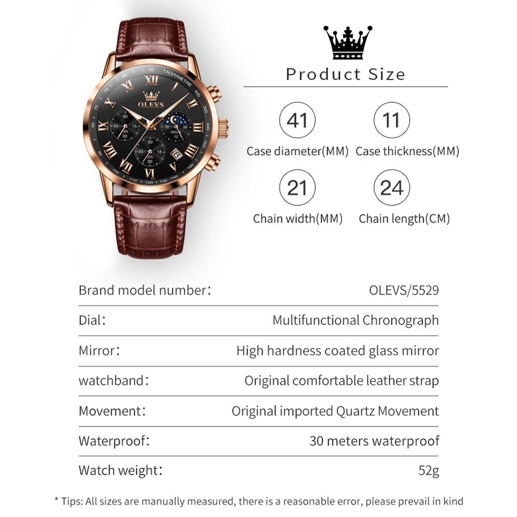 OLEVS Men Watch Brown Leather Strap Chronograph Waterproof Roman Numeral Dial Analog Quartz Wristwatch