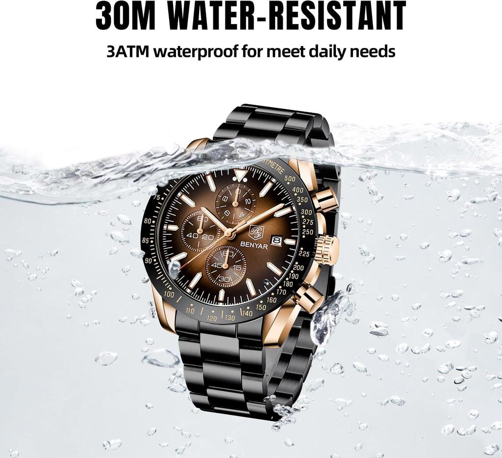 BY BENYAR Chronograph Analog 30M Water Leather Strap Quartz Perfect Gift for Men Men's Watch, Resistant, Simple, Stylish, Popular, Formal, Movement,