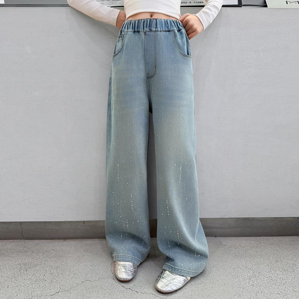 Girls' jeans 2026 new spring and autumn children's pants, big children's wide leg pants, western-style girls' rhinestone straight leg pants, trendy