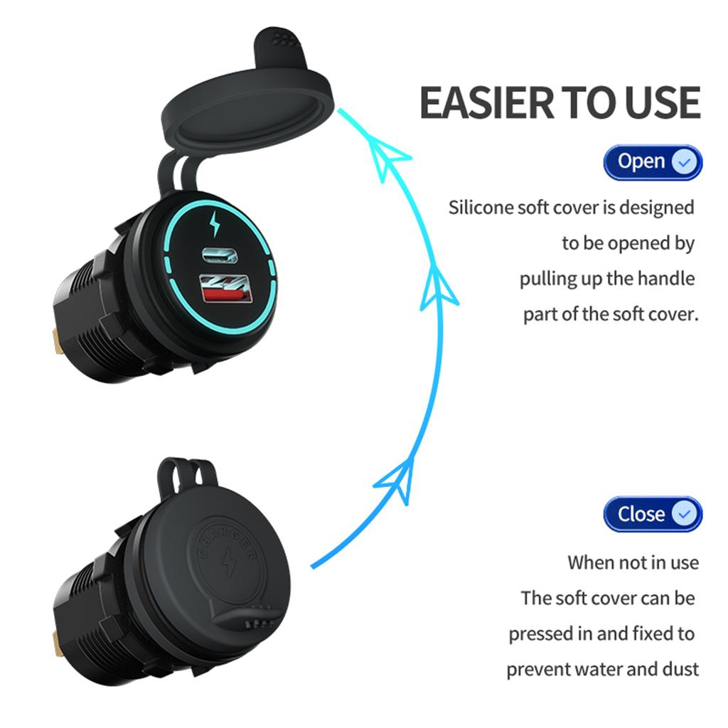 12V-24V Car   QC3.0 Fast Charging USB and PD Dual Port   for Car Motorcycles,  h Bikes, SUVs, Boats IP66 Waterproof Multiple   A