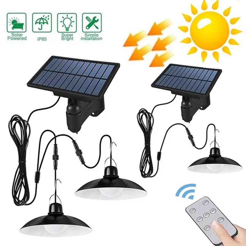 Solar Double Head Pendant Light Outdoor Waterproof LED Chandelier With Remote Control For Indoor Shed Barn Room Decor