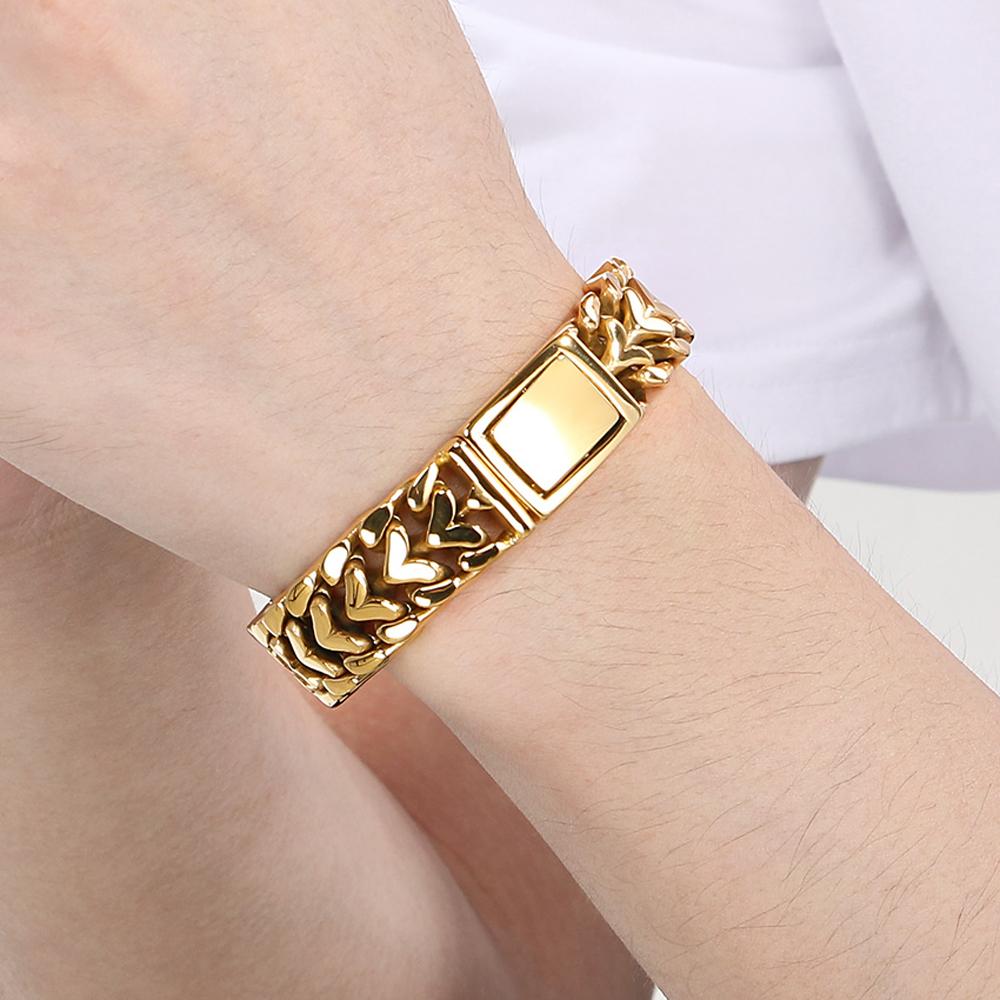 Man Bracelets for Men Gold Color Stainless Steel 16MM Width Heart Shape Chain Bracelet Men's On Hand Wrist Jewelry Accessories