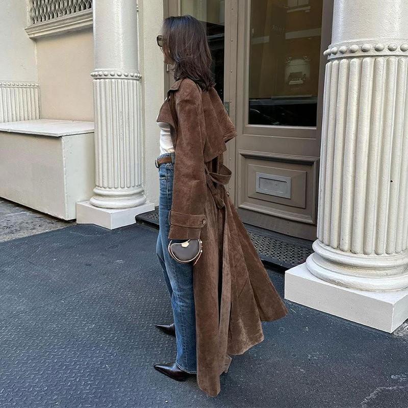 Womens Suede Trench Coat Elegant Khaki Lapel Long Overcoat