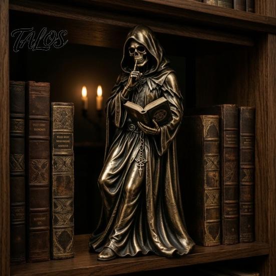 Таинственный Жнец в Капюшоне Готический Жнец Читает Книгу Статуэтка из Смолы, Мистический Череп Волшебника Фигурка Хэллоуин Акцент для Интерьера Настольный Декор для Книжной Полки,