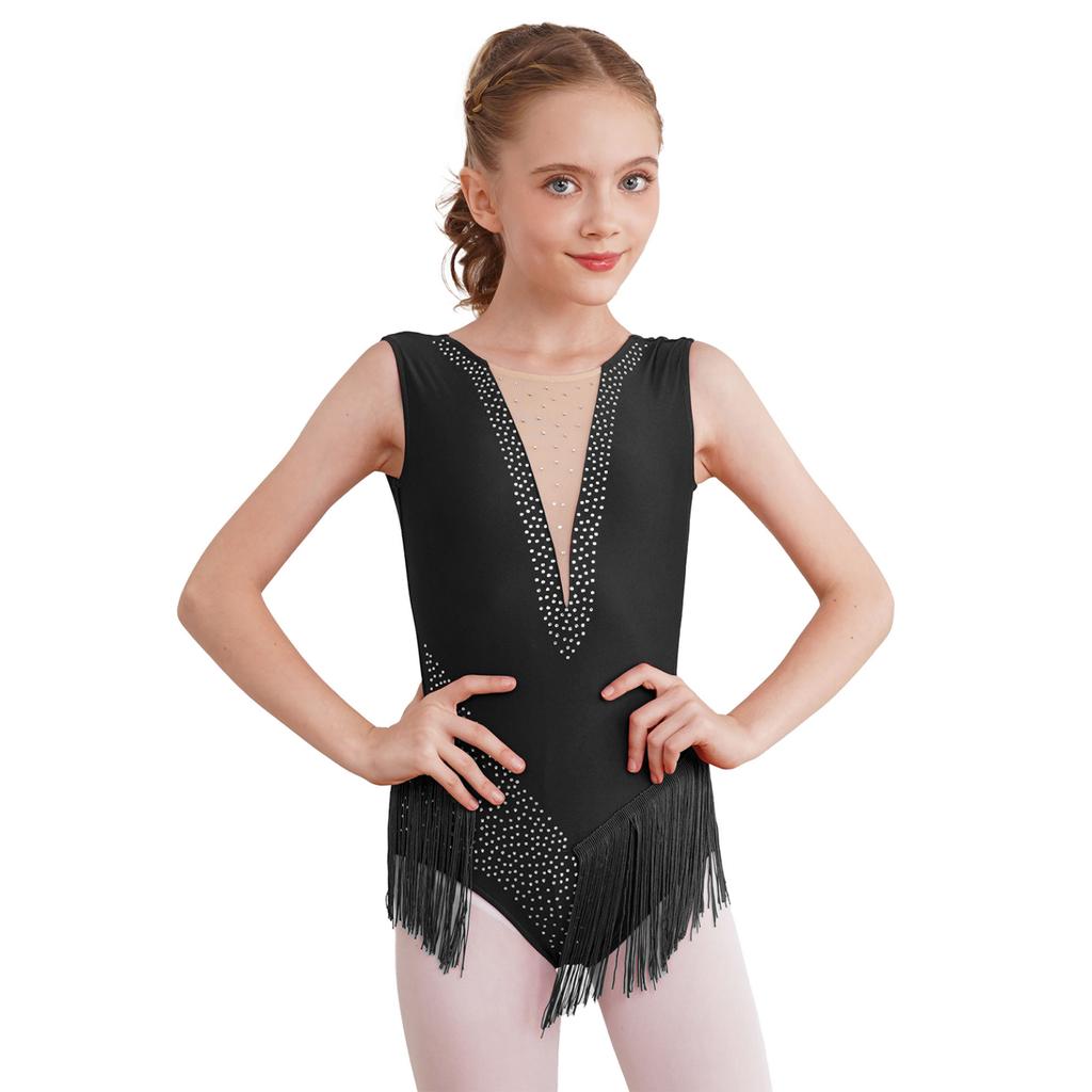 Kids Girls Shiny Figure Skating Sleeveless Leotard Rhythmic Gymnastics Fringed Bodysuit