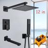 Black Concealed Shower Faucets Set 12" Brass Rainfall Showerhead Single Handle Mixer Tap