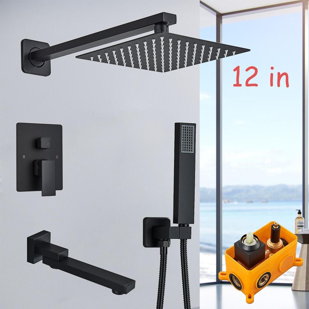 Black Concealed Shower Faucets Set 12" Brass Rainfall Showerhead Single Handle Mixer Tap
