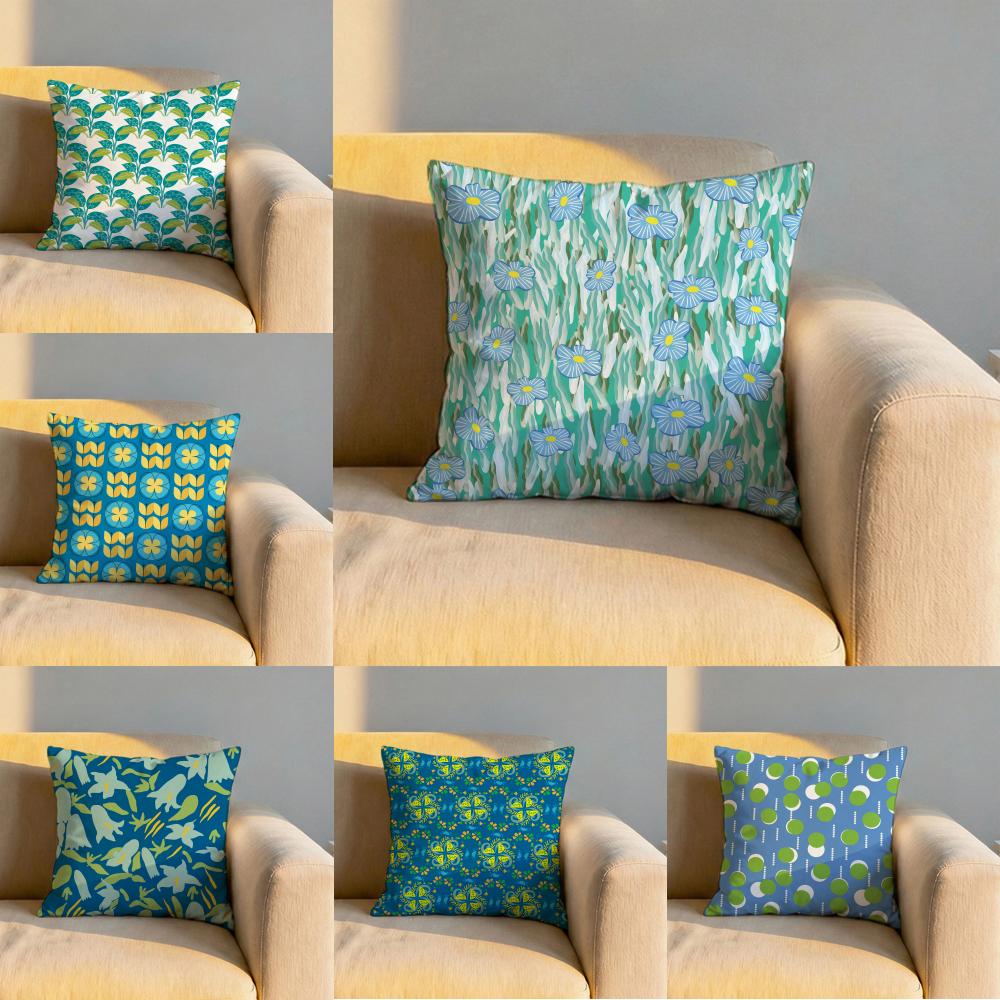 Blue Green Block Print Cushion Cover Soft Reversible Durable Pillow Cover MultiScene Use for Home Car Daily Comfort