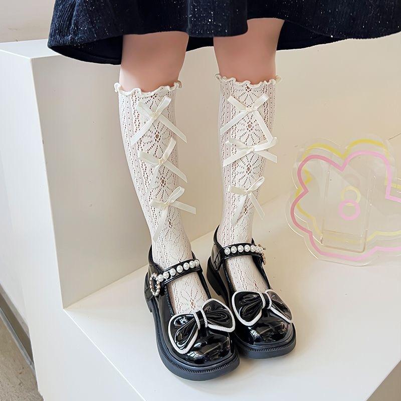 Womens Thin Mesh Breathable Midcalf Lace Socks With Mary Jane Lace Trim Hollowout Lace And Bowknots