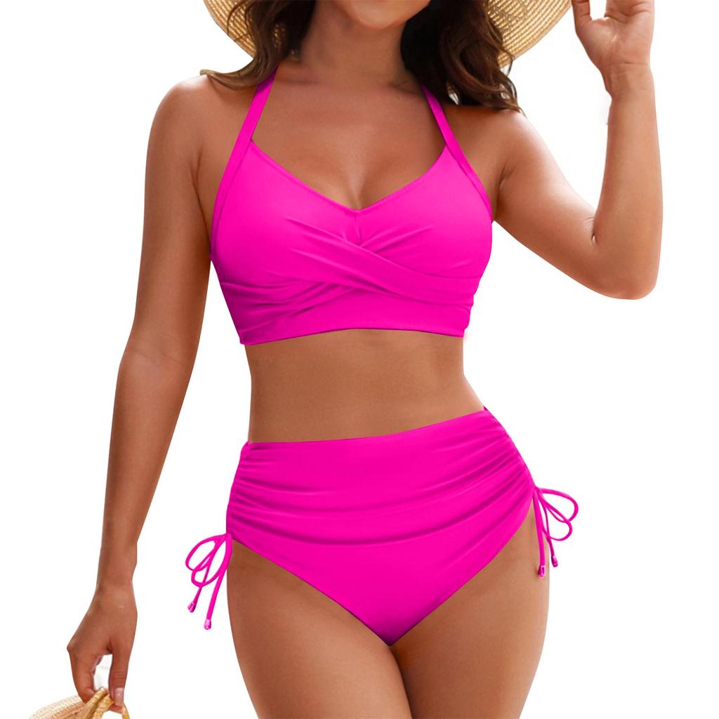 Womens High Waisted Bikini Sets Drawstring Swimsuits Crisscross Tie Back Bathing Suit