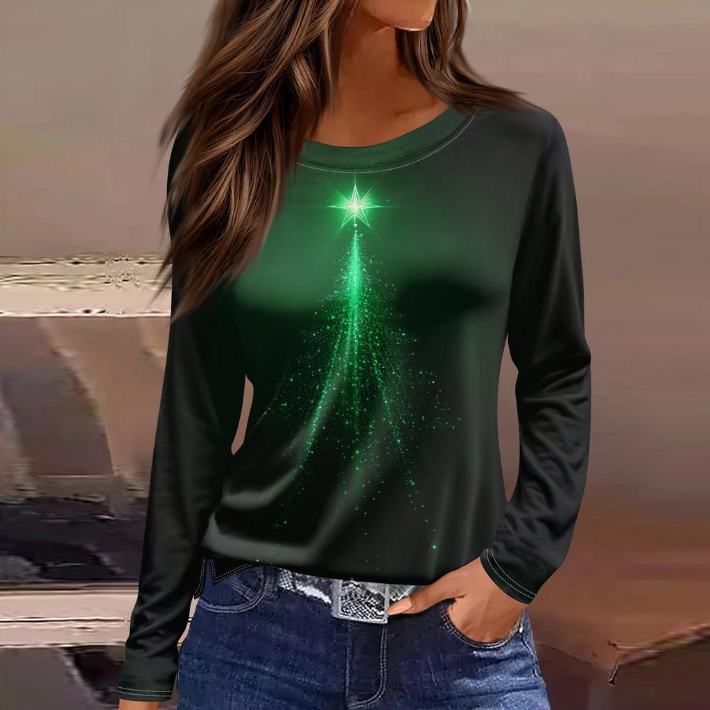 Женская модная повседневная футболка с разрезом и круглым вырезом, длинным рукавом, свободная, с принтом, женская футболка на Рождество