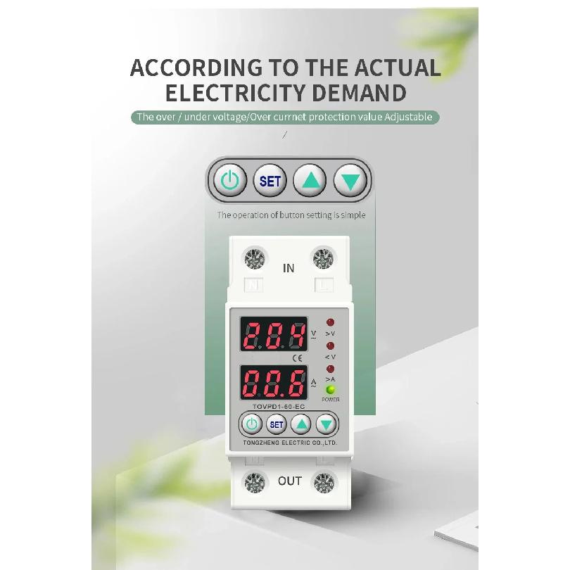 Din Rail Dual Display Adjustable Over Voltage Current And Under Voltage Protective Device Protector Relay 40A 63A 80A 220V 230V