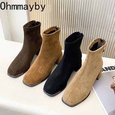 Осень Зима Стразы Квадратный Носок Стрейч Слим Женские Ботильоны Уличный Стиль Банкет Вечеринка Высокий Каблук Короткие Ботильоны Женские