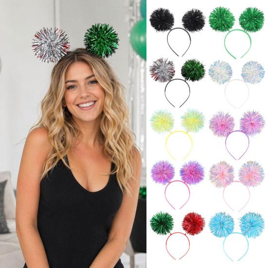 Party Headband, Fluffy Ball Decor Hair Hoop, Elastic Fit Metal Foil Headband for Parties Cosplay Halloween Hair Accessories