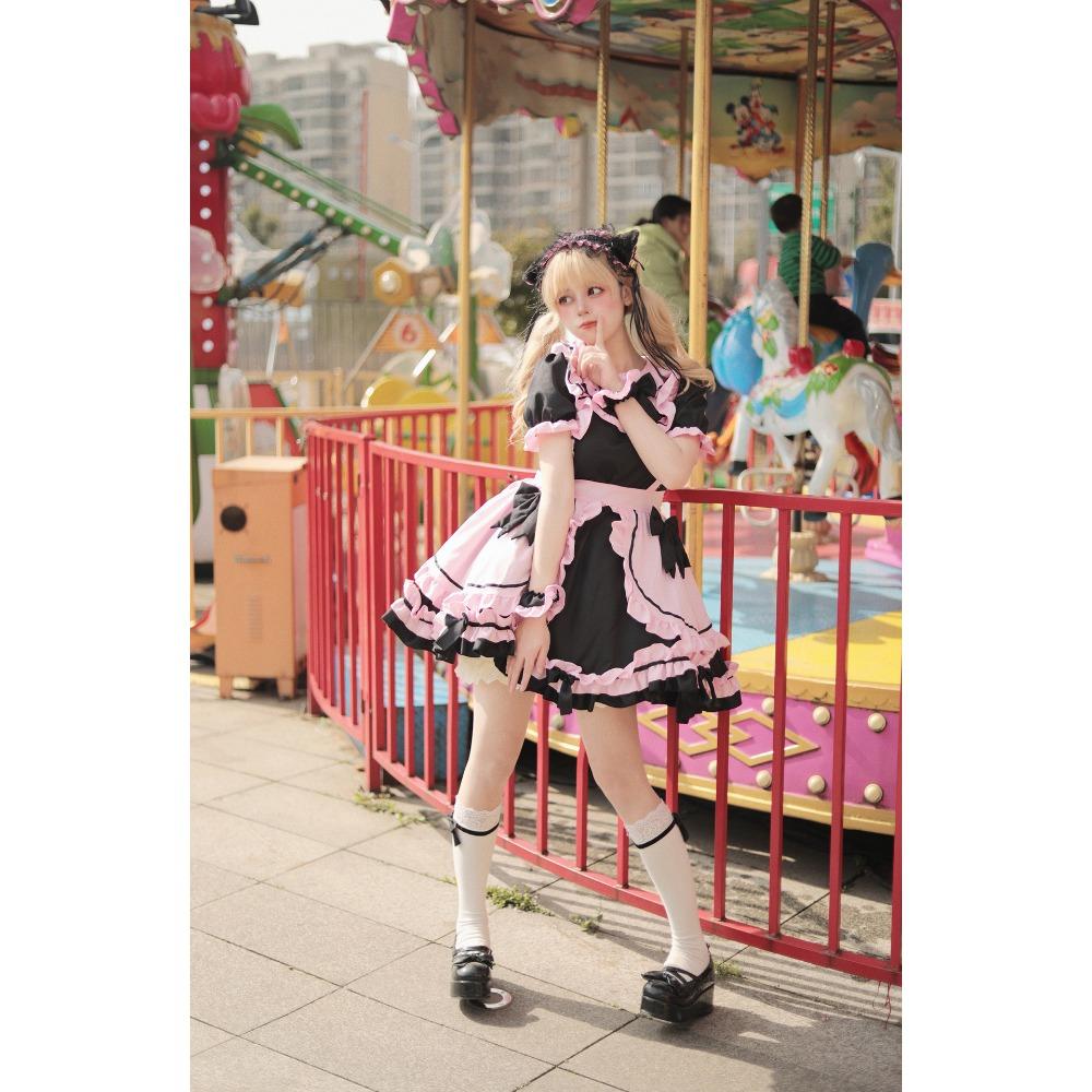 Новый костюм горничной Black Pink Cos Милая девушка Милый кот Бант Мягкий костюм Юбка