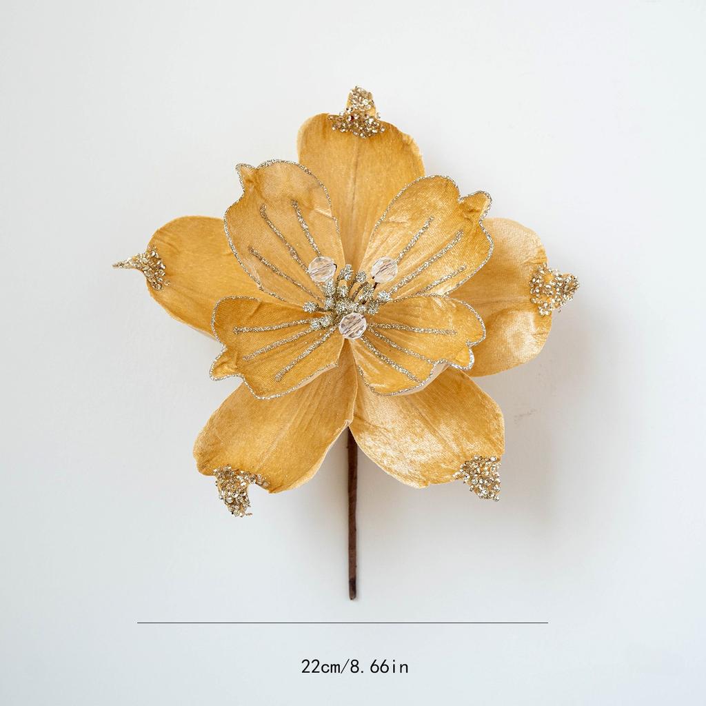 1PC Christmas Artificial Flower 22cm Fabric Sticky Pink Sequins Imitation Magnolia Flower Living Room Decoration Christmas Decoration Small Gift