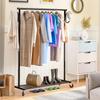 Movable Double Rod Clothes Rack with Wheels Heavy Duty Coat Shelf Bedroom Floor Hangers Organizer Home Shoe Hat Storage Racks