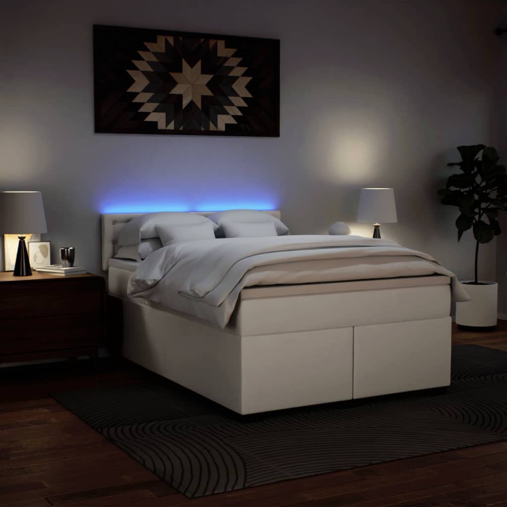 Box Spring Bed with Mattress White 140 x 190 cm Faux Leather