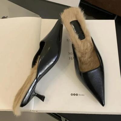 Пушистые плюшевые тапочки с острым носком, женские зимние сексуальные шлепанцы на низком каблуке, женские уличные тапочки, удобные модные туфли-лодочки для женщин