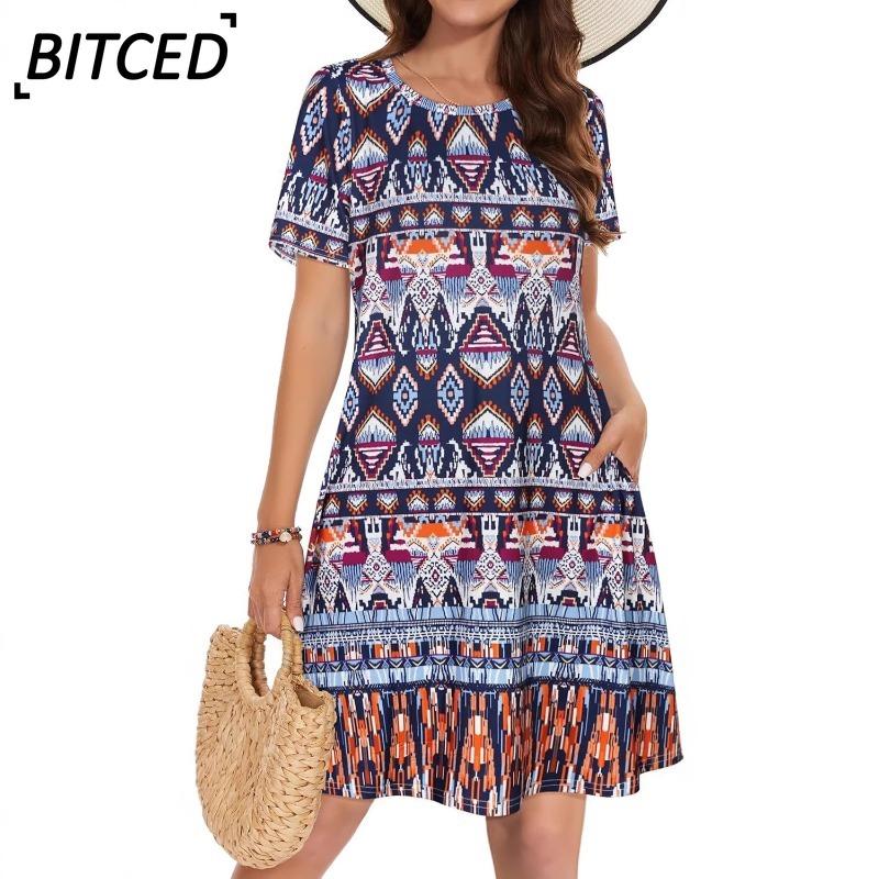 BITCED Модные летние весенние платья с коротким рукавом и круглым вырезом, повседневные
