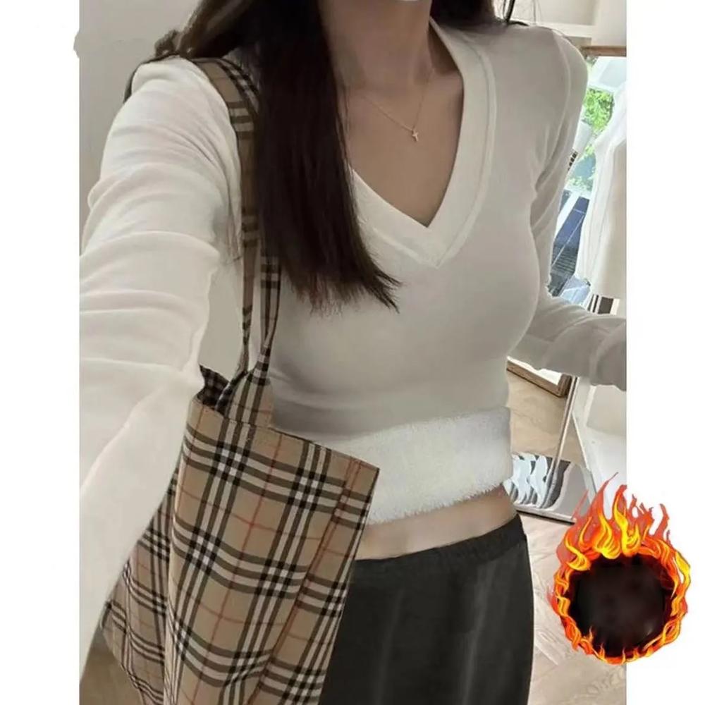 Рубашка Spice Girl из немецкого бархата с V-образным вырезом спереди и плечами, на осень и зиму, с длинными рукавами, облегающая, из утолщенного бархата, с теплым верхом внутри