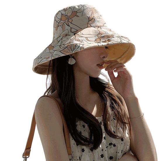 Bucket Hat Reversible Double-Sided Wearable Fisherman Hat with Large Brim Built-In Soft Steel Wire Adjustable Windproof Rope Sun Blocking Hat
