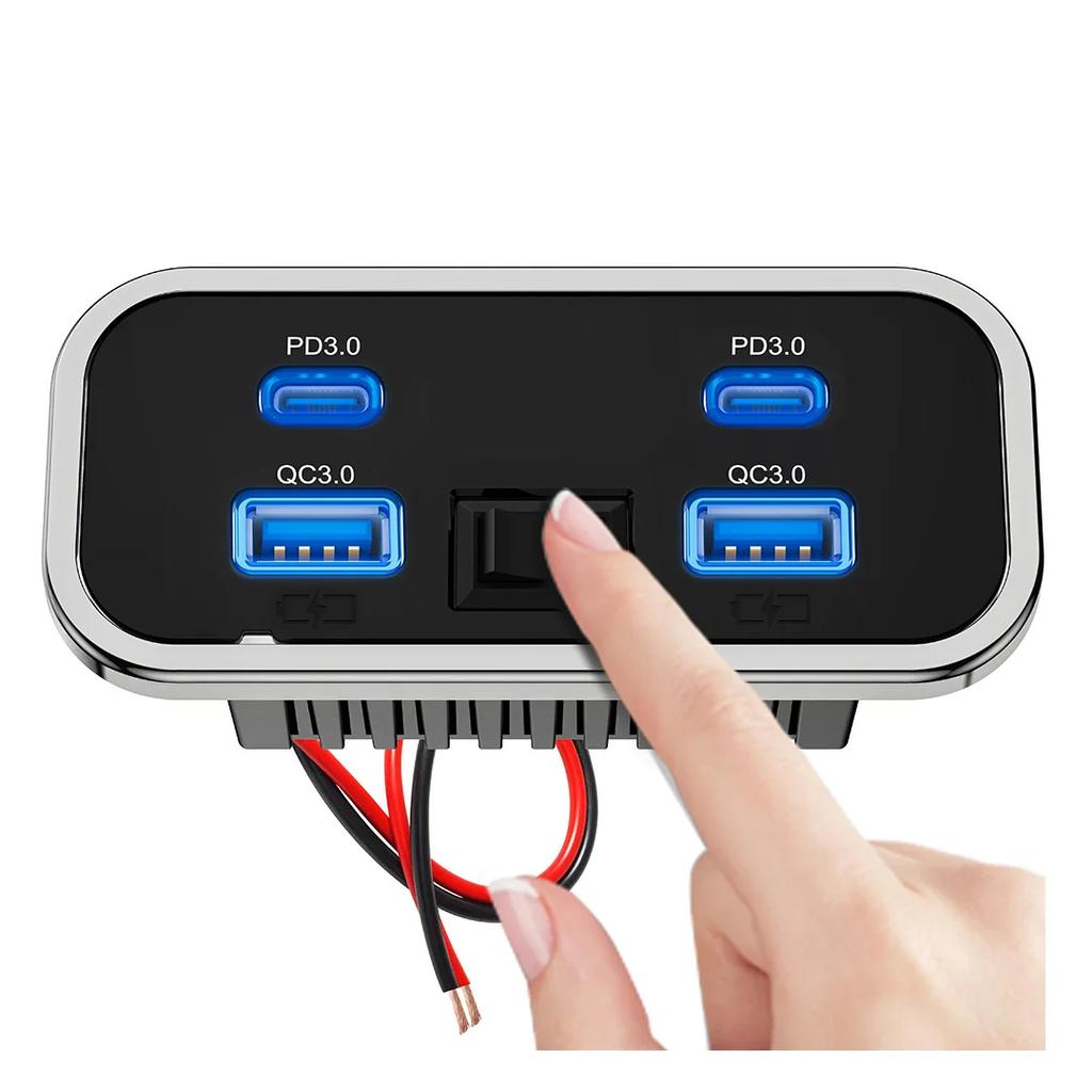 4 Ports Car Charger Socket Panel 12V/24V PD3.0 Type-C Quick Charge & QC3.0 Panel Wall Mount Charger Adapter for Car Bus RV Truck