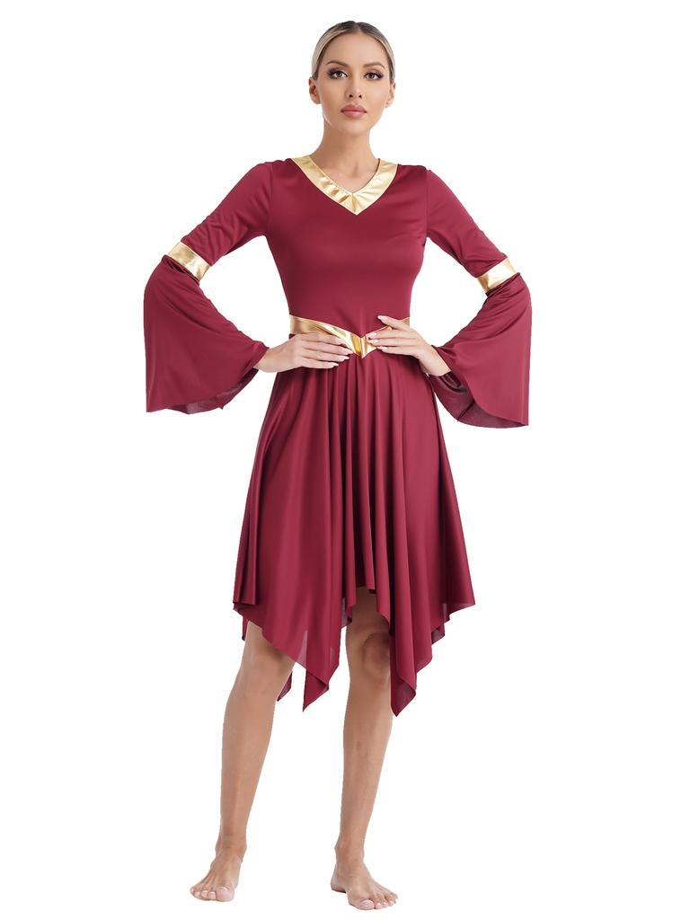 Платье-туника для литургического классического танца с V-образным вырезом и расклешенными рукавами, асимметричный подол, платья для церемоний, церковного поклонения, танцевальная одежда