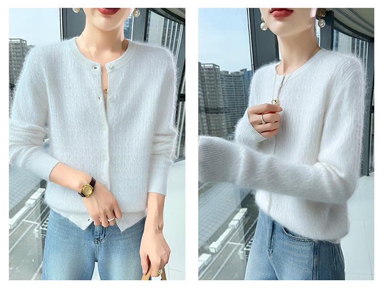 Women's Retro Cable Knit Mink Velvet Cardigan - Round Neck, Long Sleeve, Loose Fit, Short Sweater Coat
