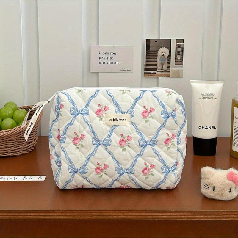 Cute Bow Flower Quilting Cotton Makeup Bag Women Zipper Cosmetic Organizer Female Cloth Handbag Portable Toiletry Case for Girls