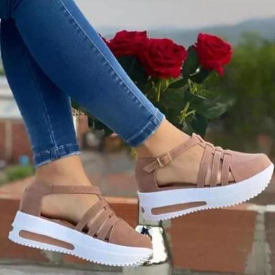 Женские сандалии, модные однотонные женские полые туфли на толстой подошве на плоской подошве с круглым носком и пряжкой, повседневная обувь на платформе для женщин