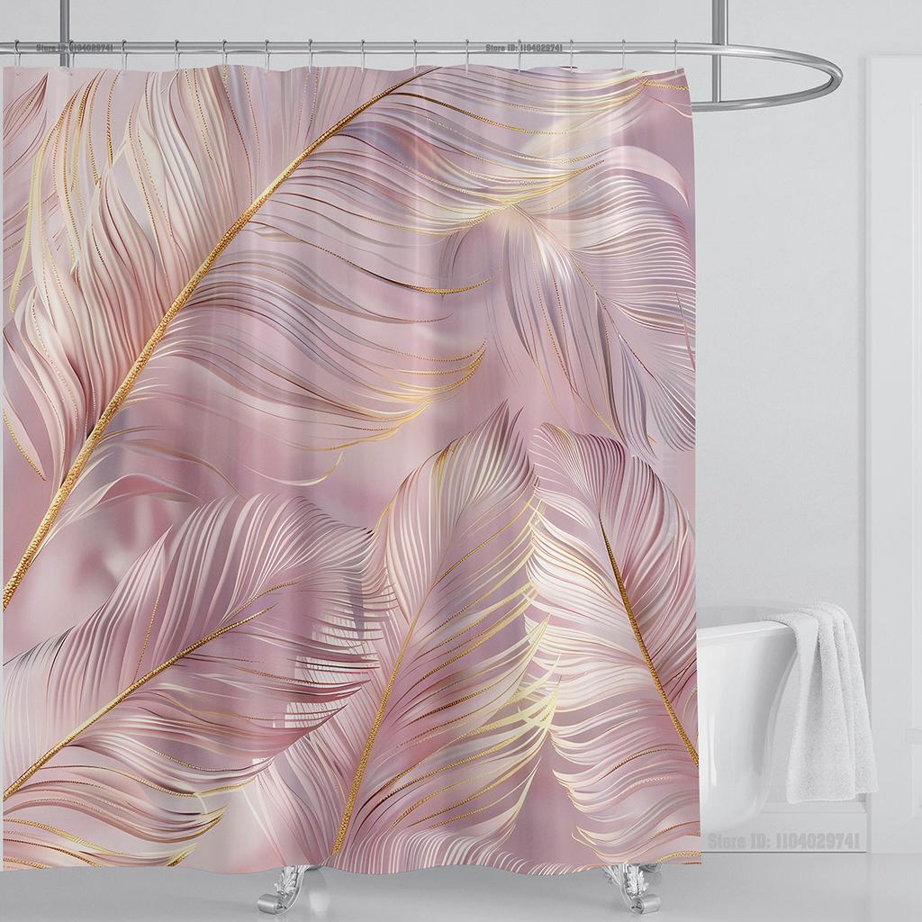 3D Feather Shower Curtain Set Colorful Printed Design Fabric Bathroom Decoration Waterproof Washable Shower Curtain with Hooks