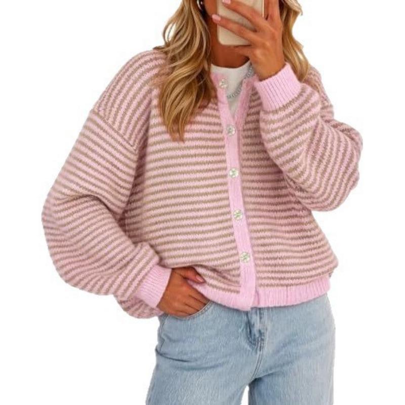 Women S Striped Knit Cardigan Round Neck Casual Sweater Coat