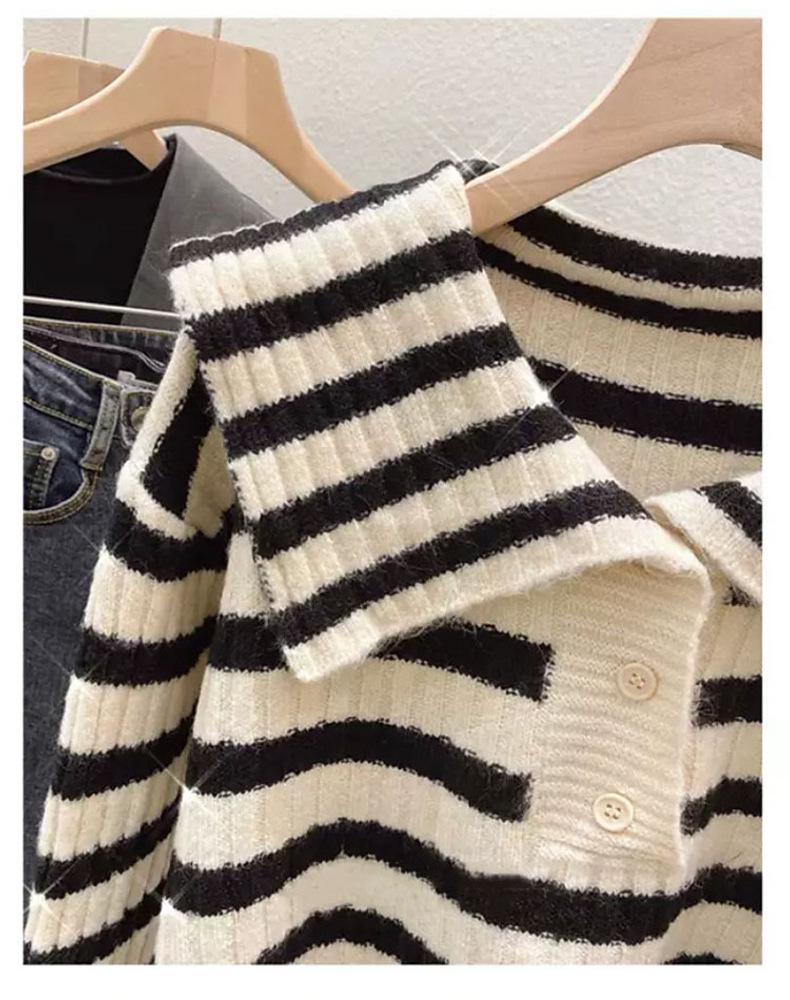 Women's 2024 Hot Style Thickened Striped Sweater with Navy Collar - Lazy Niche Design for Autumn and Winter