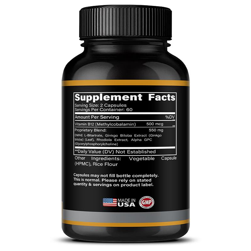 Fearathe Brain Booster Capsules, B12, Ginkgo Biloba, Alpha GPC, DMAE, 120 Caps