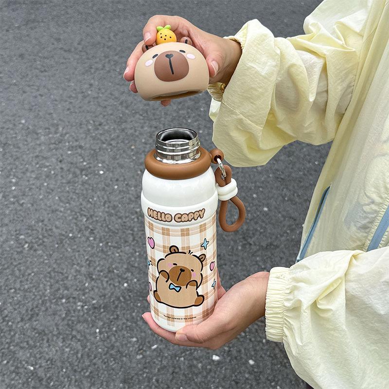 1pc Capybara Cute Cartoon ulated Water Bottle, 500ML, with Wide Hand Strap & Non-Slip Base, Portable Drinking Cup