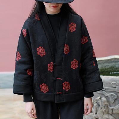 Johnature зимние женские хлопковые и льняные жаккардовые китайские парки с пряжкой и цветочным принтом, парки с длинными рукавами