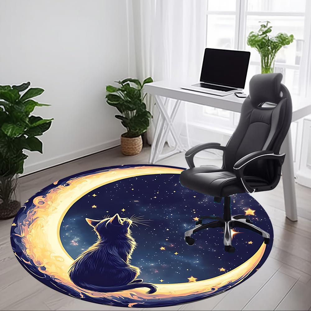 1pc Moon Cat Office Round Area Rug, Indoor Mat Suitable For Office, Under Office Chairs Bedroom Living Room Home Decor, Room Deco 042