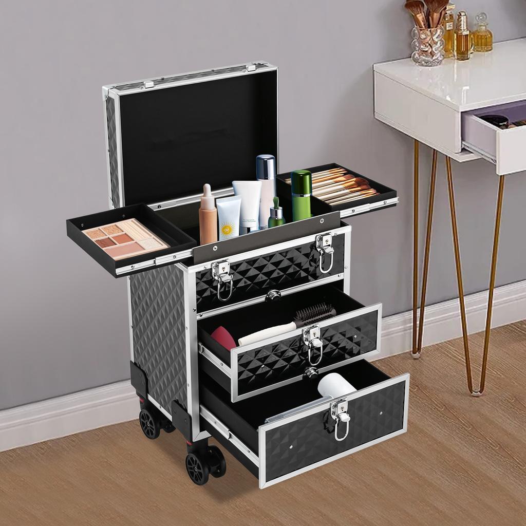 Professional Rolling Makeup Case with 3-Tier Storage & 2 Sliding Drawers, Black Cosmetic Organizer with 30kg/66lbs Load Capacity