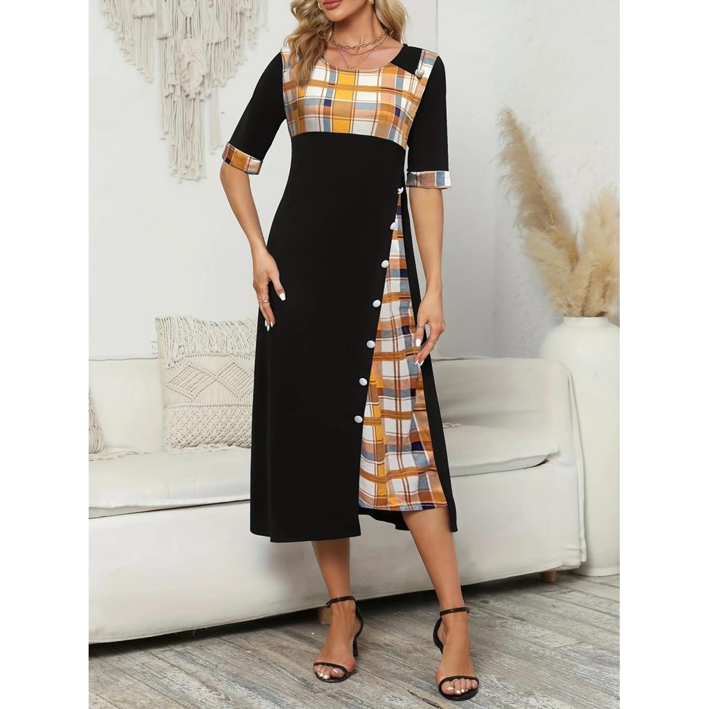 Женское винтажное длинное платье больших размеров со средним рукавом и круглым вырезом с принтом