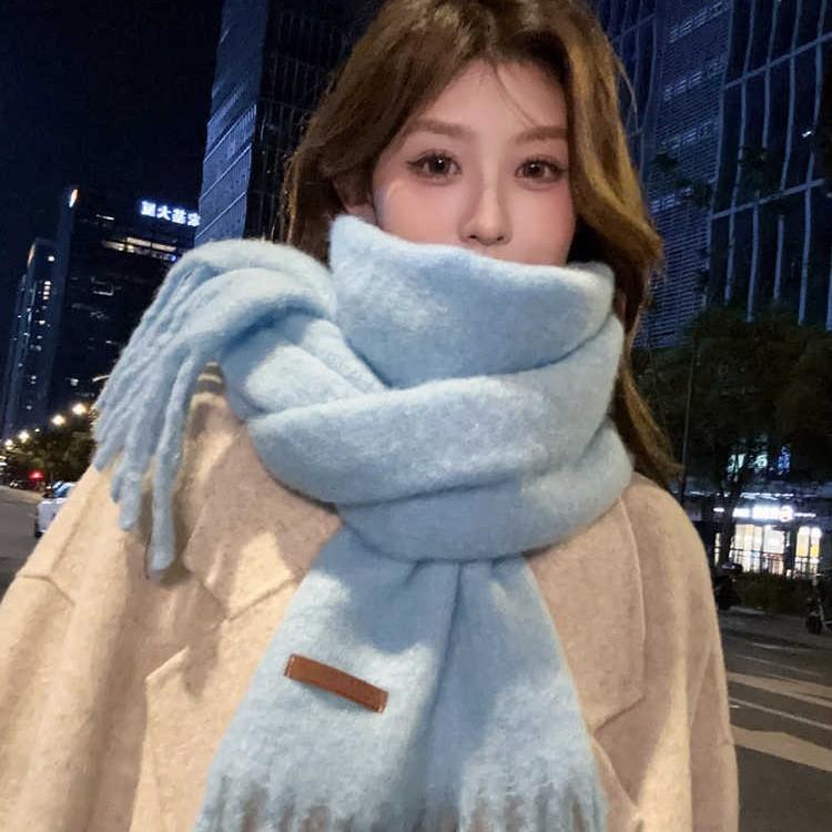 Оригинальный однотонный шарф из смеси шерсти Ice Blue Girl, женский зимний теплый корейский шарф