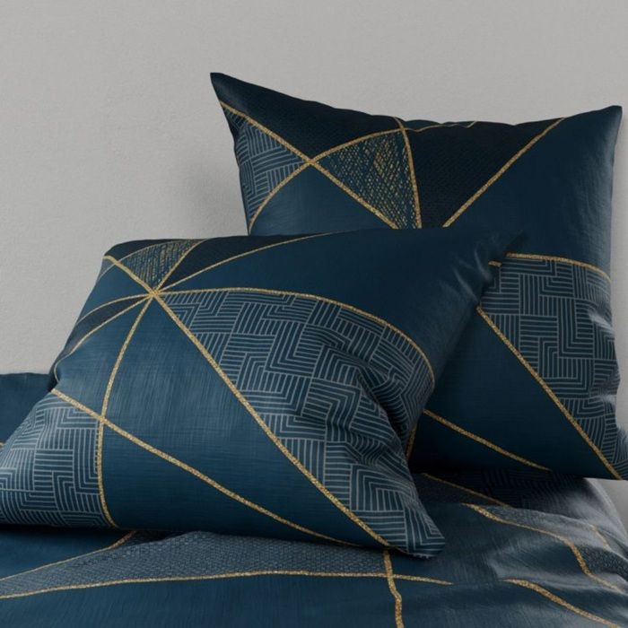 Parure De Lit - Housse Couette 220x240 Cm - 2 Taies - Graphique Doré - Bleu Pétrole