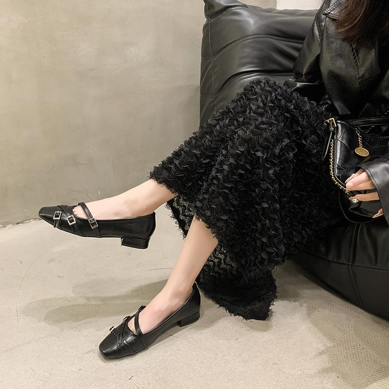 Fashion Women's Coarse Heel Shoes Autumn New Square Head Shallow Mouth Belt Buckle Soft Sole Anti-slip Wear-resistant Low-top Shoes
