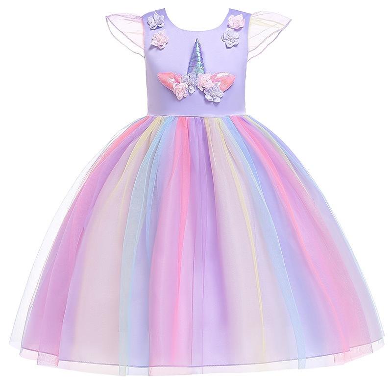 Rainbow Mesh Unicorn Evening Tutu Dress, Flower Girl Kids Birthday Carnival Performance Gown