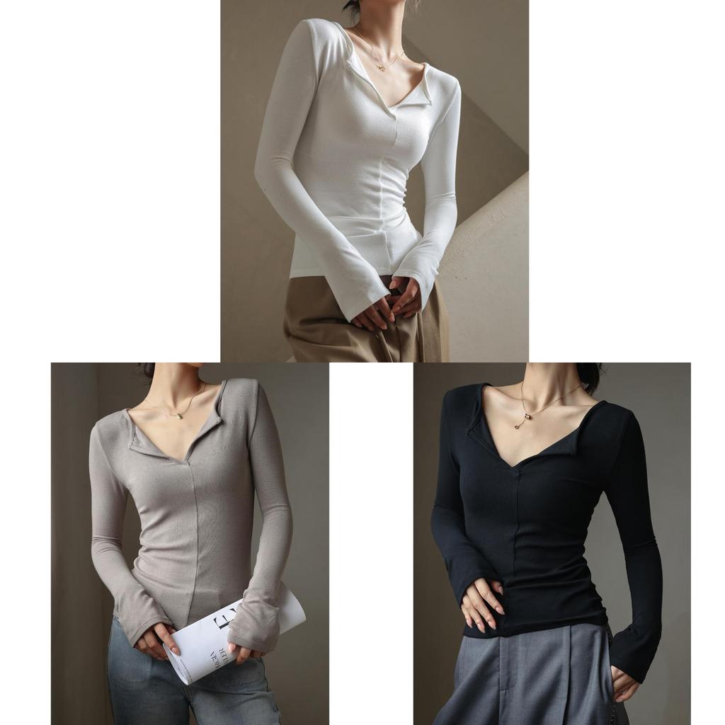 Minimalist Modale V Neck T Shirt For Women With Snake Bone Pattern For Autumn Winter Casual Wear